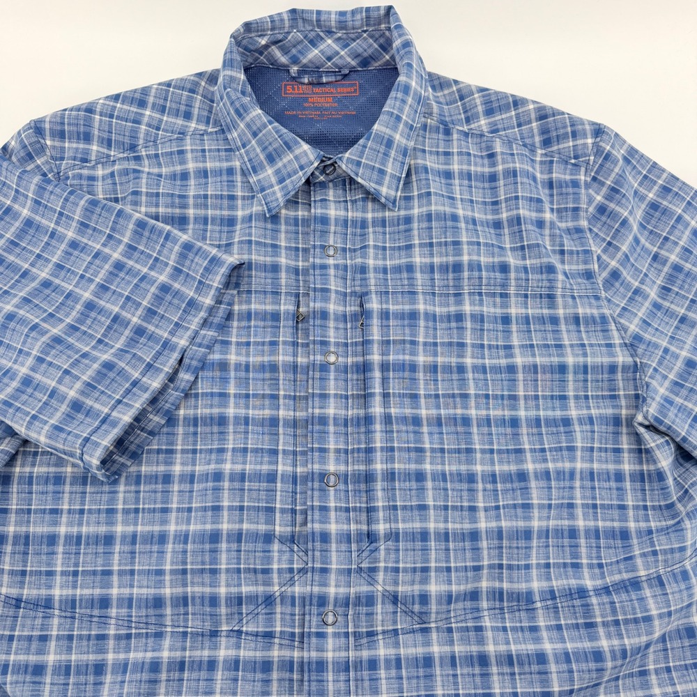 5.11 Tactical Series Fishing Shirt Men Medium Blue‎ Plaid Shrt Sleeve Snap Front